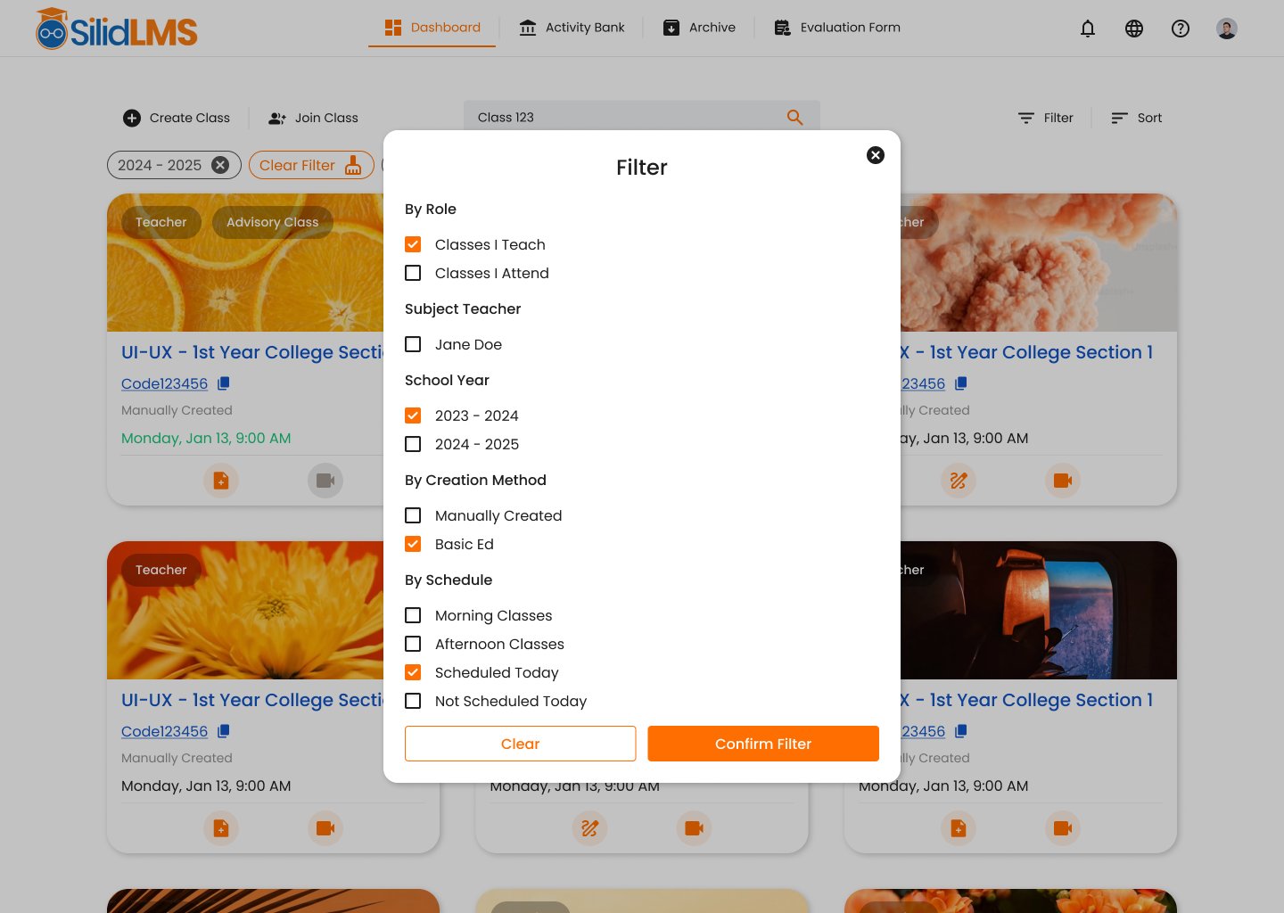 Filter modal